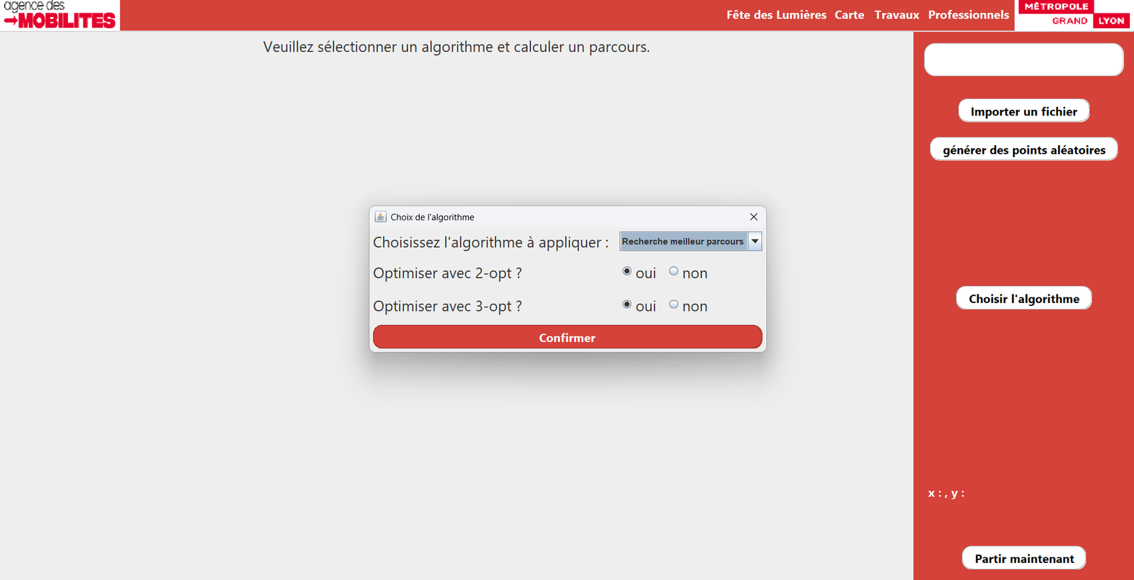 Menu de sélection des algorithmes