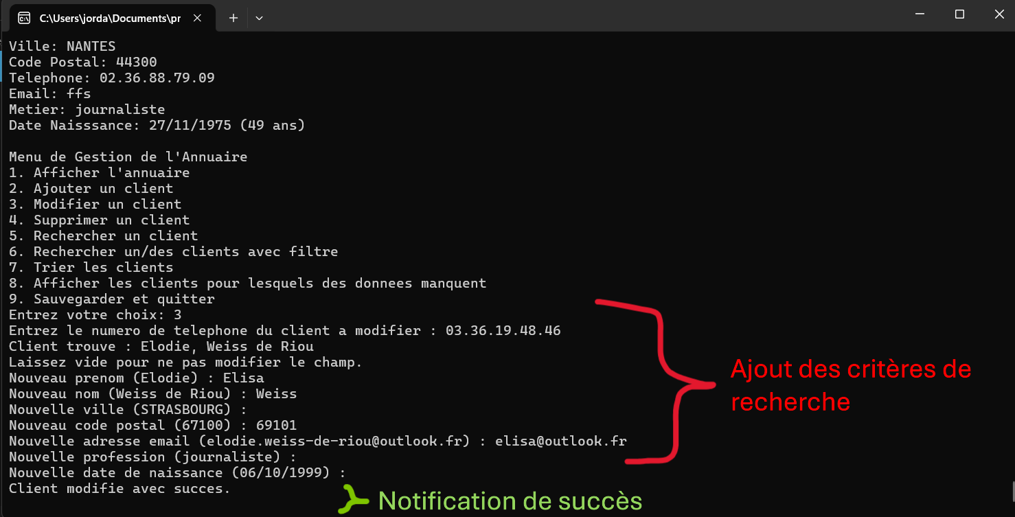 Interface de modification d'un client